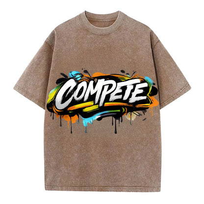 Bold typography design - "COMPETE" - competitive spirit, love the game - Vintage T-shirt - Brown