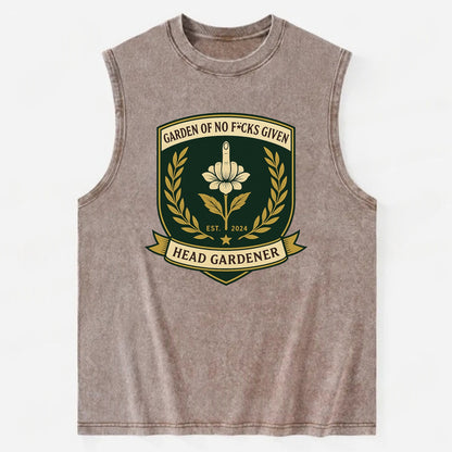 Shield with middle finger flower - "Garden of No F*cks Given - Head Gardener" - Vintage Washed Tank - Brown