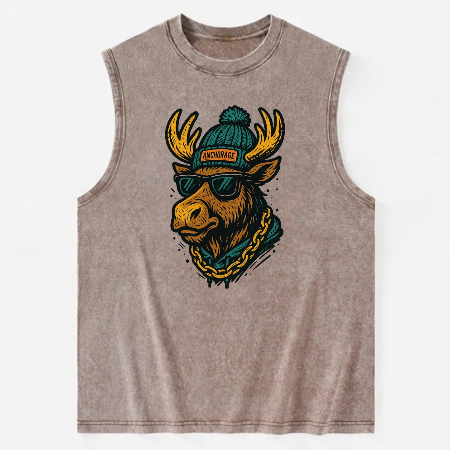 Alaska Moose wearing Anchorage beanie with pom pom and wayfarer sunglasses - Vintage Washed Tank - Brown
