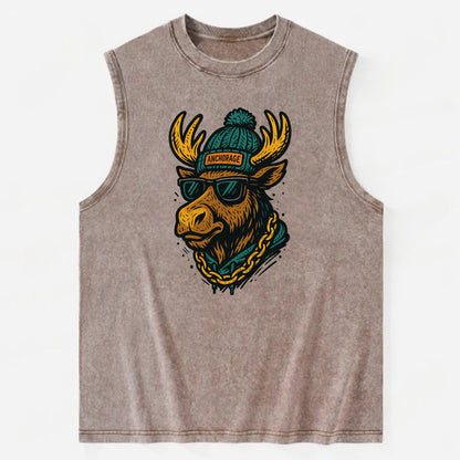 Alaska Moose wearing Anchorage beanie with pom pom and wayfarer sunglasses - Vintage Washed Tank - Brown