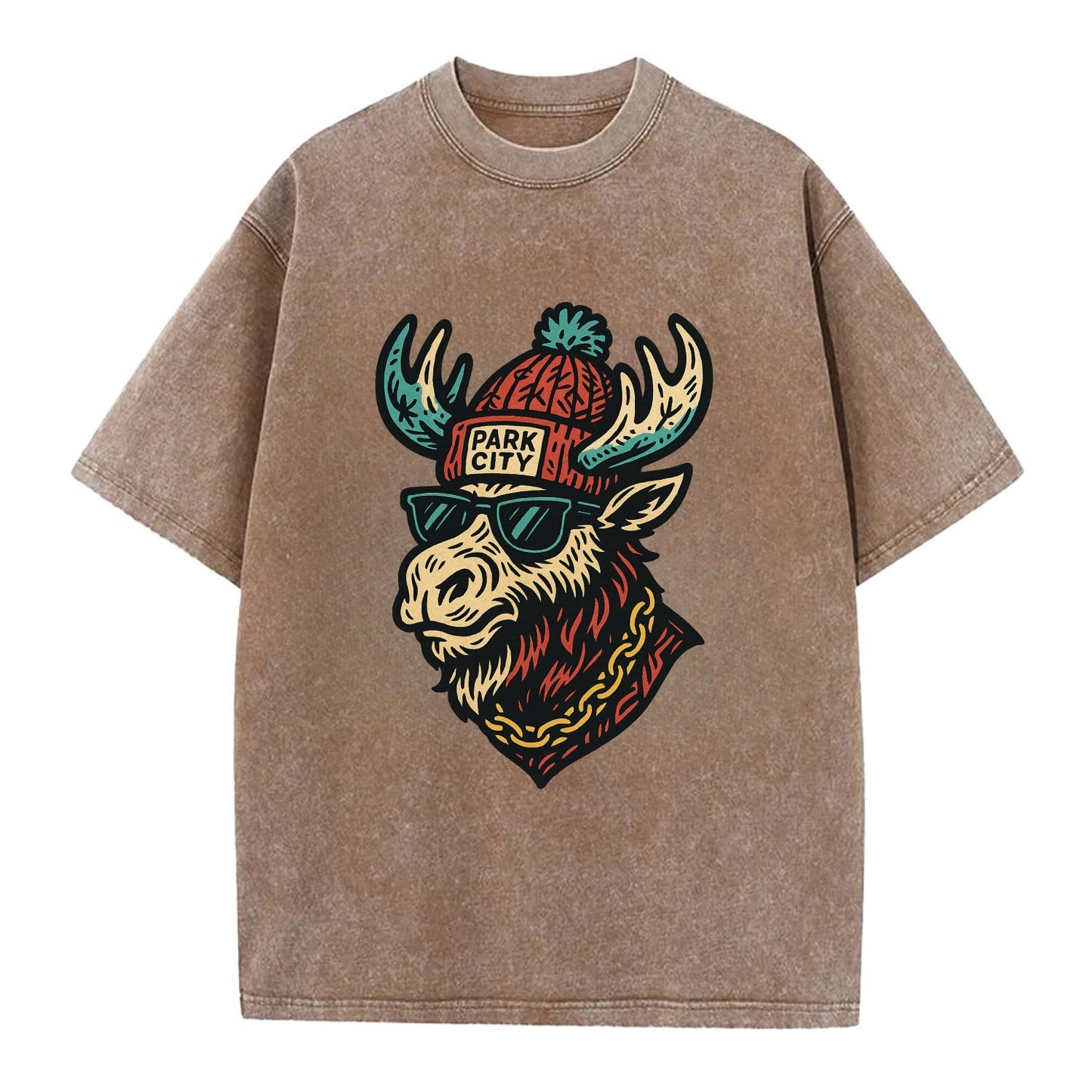 Park City Moose wearing Park City beanie with pom pom and wayfarer sunglasses - Vintage T-shirt - Brown