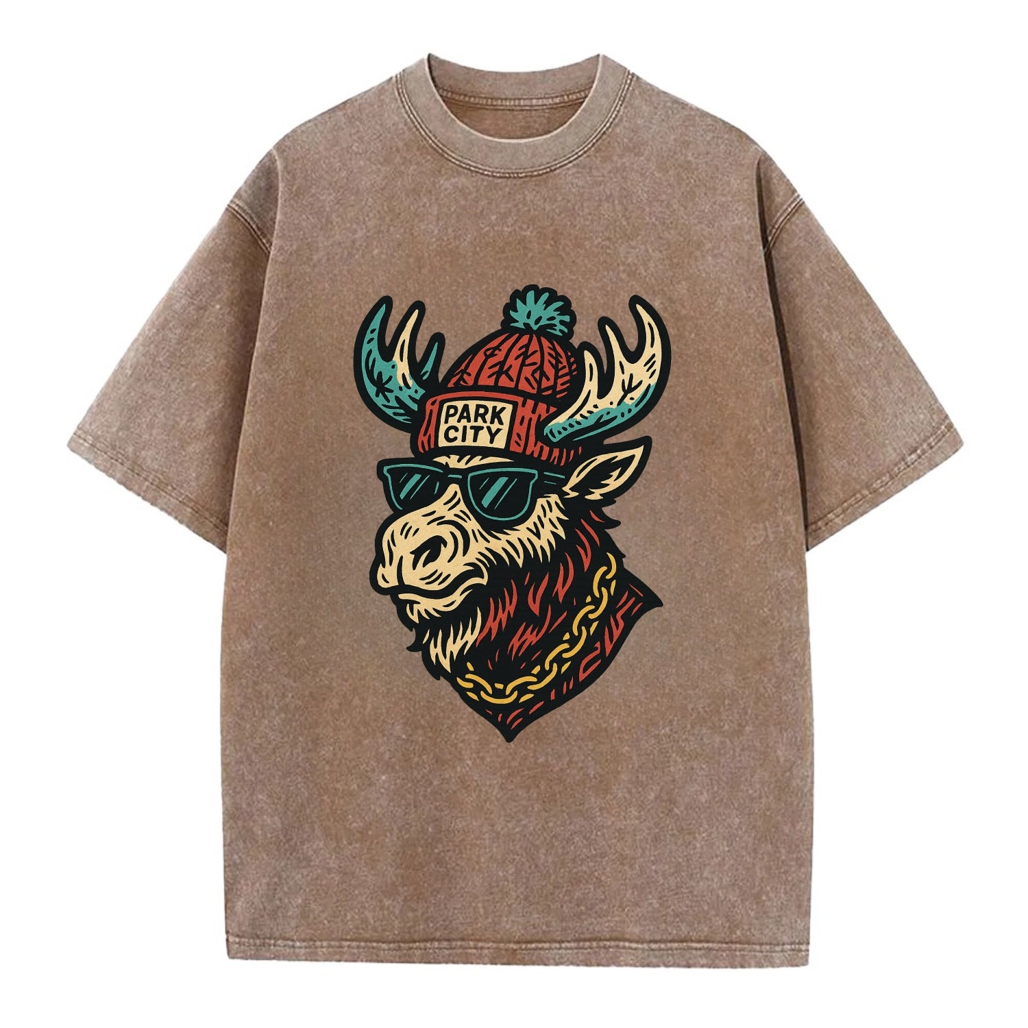 Park City Moose wearing Park City beanie with pom pom and wayfarer sunglasses - Vintage T-shirt - Brown