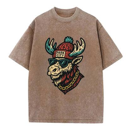 Park City Moose wearing Park City beanie with pom pom and wayfarer sunglasses - Vintage T-shirt - Brown