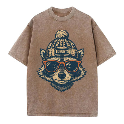 Toronto Raccoon wearing Toronto beanie w - Vintage T-shirt - Brown