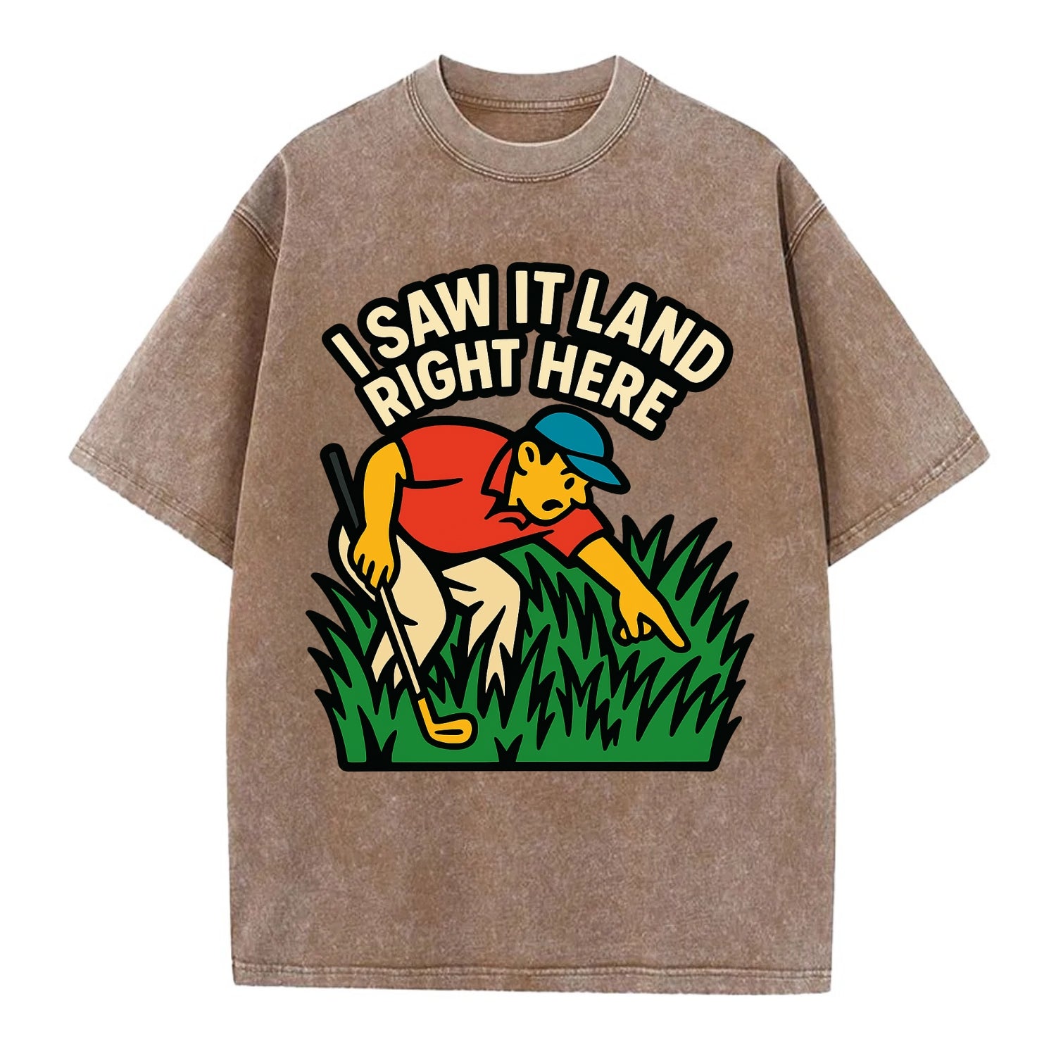 Golfer searching in deep rough - "I Saw It Land Right Here" - lost ball saga - Vintage T-shirt - Brown