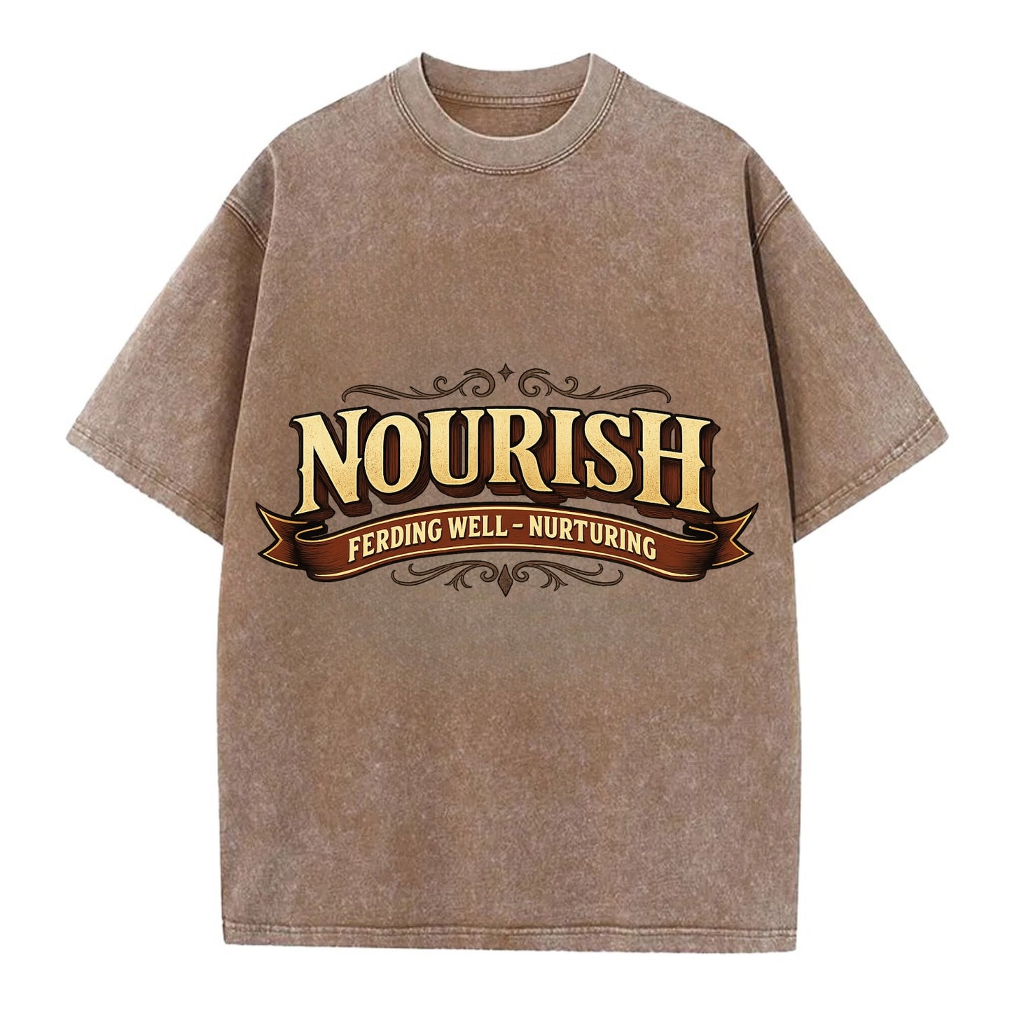 Bold typography design - "NOURISH" - feeding well, nurturing - Vintage T-shirt - Brown