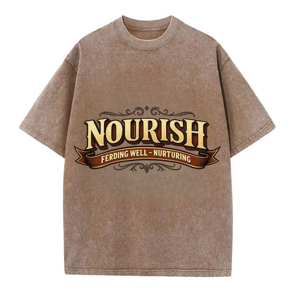 Bold typography design - "NOURISH" - feeding well, nurturing - Vintage T-shirt - Brown