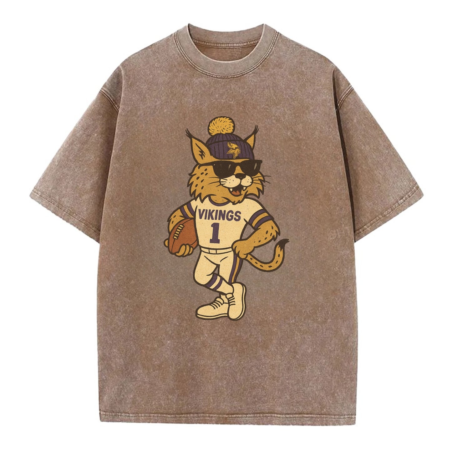 Minneapolis Lynx wearing Vikings beanie with Norse patch and wayfarer sunglasses - Vintage T-shirt - Brown