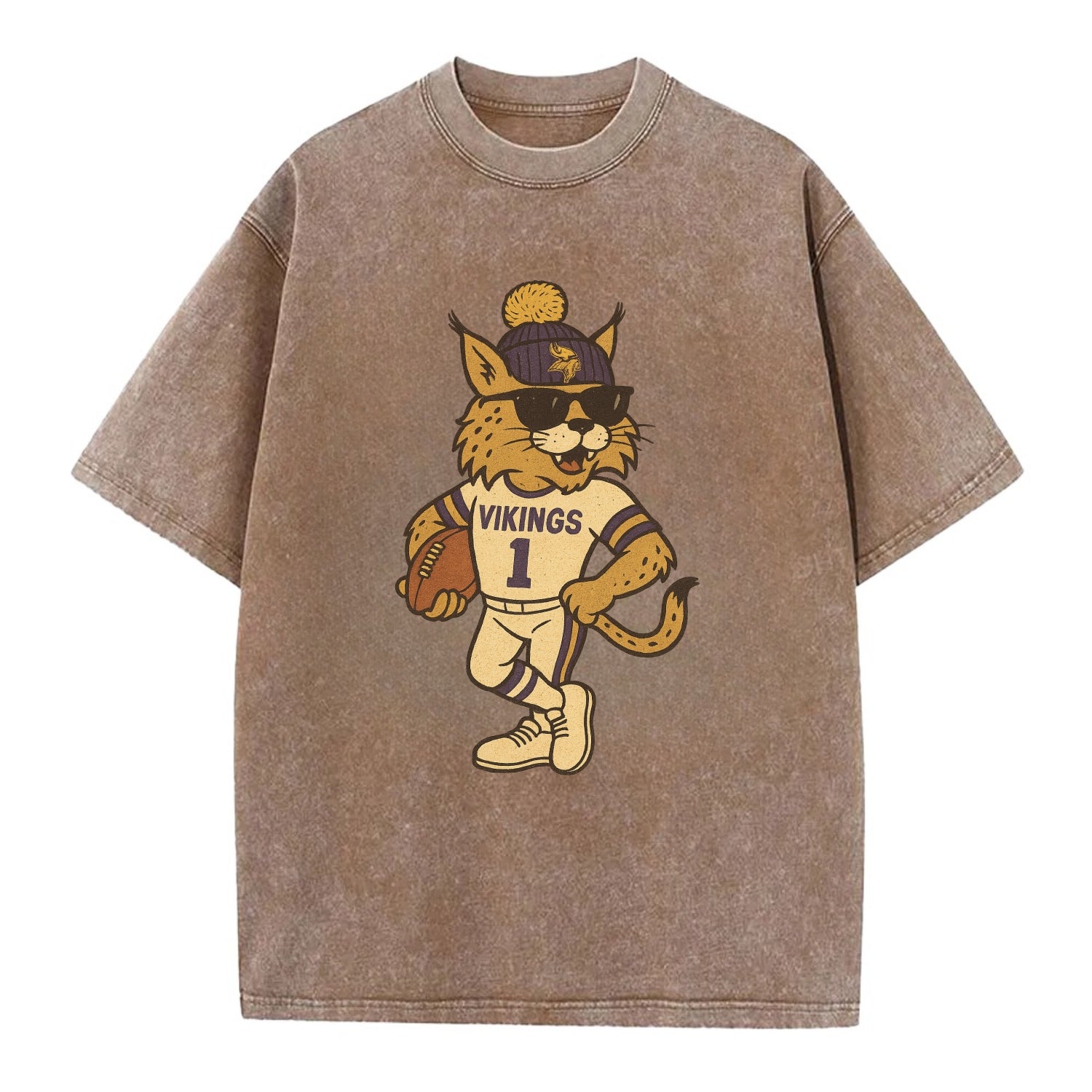 Minneapolis Lynx wearing Vikings beanie with Norse patch and wayfarer sunglasses - Vintage T-shirt - Brown