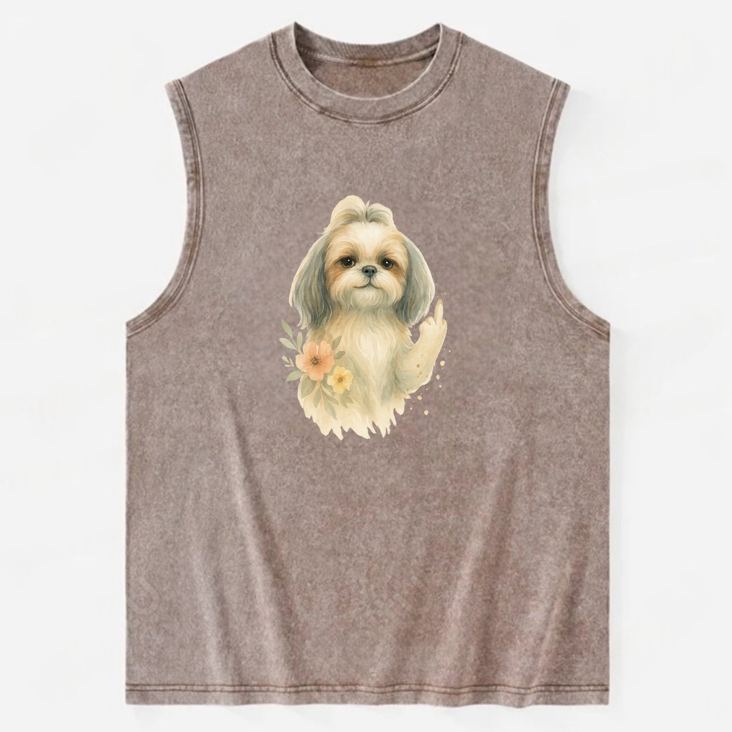 Shih Tzu with long flowing silky hair, tiny paw showing attitude - Vintage Washed Tank - Brown