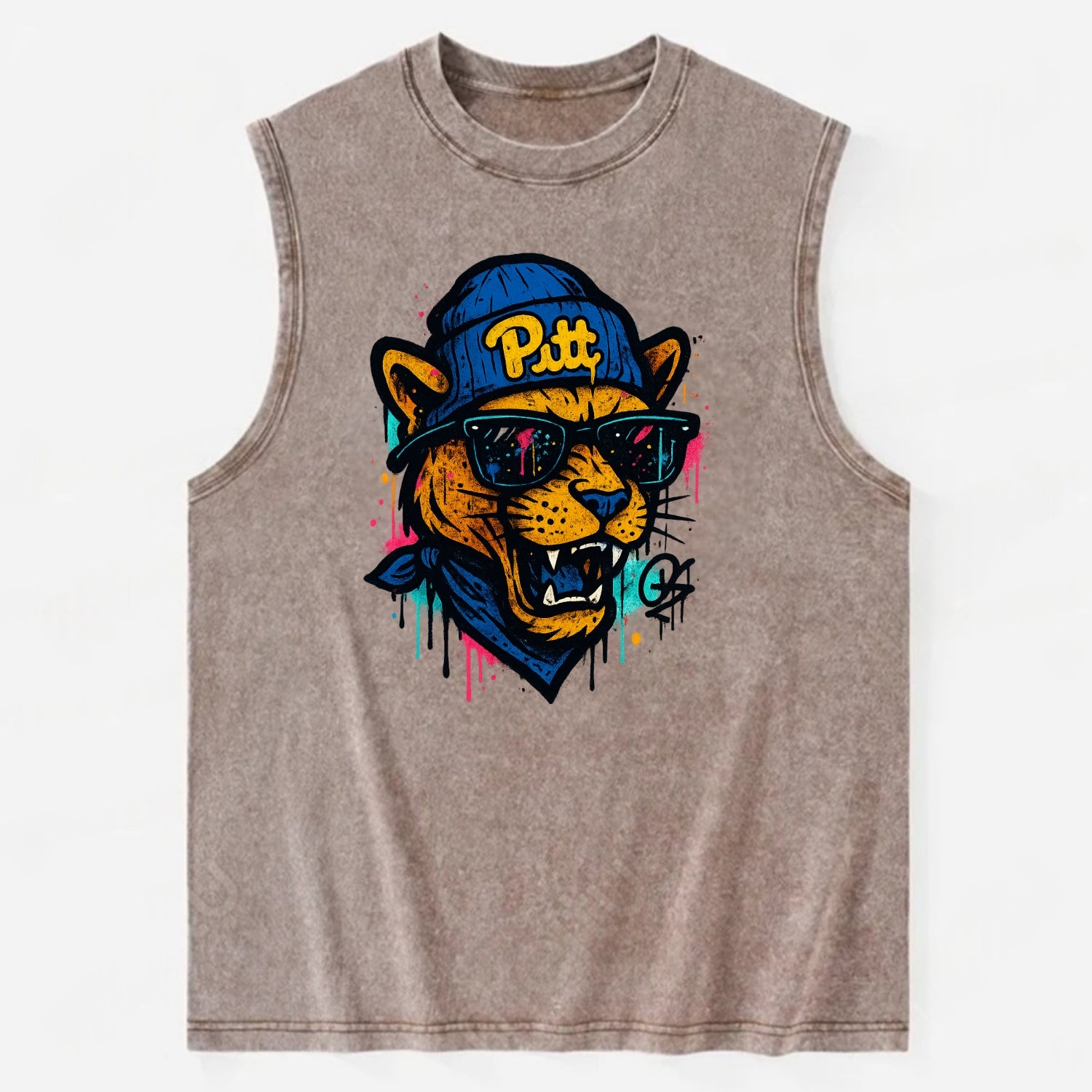 Pittsburgh Panther wearing Pitt beanie with script patch - Vintage Washed Tank - Brown
