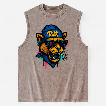 Pittsburgh Panther wearing Pitt beanie with script patch - Vintage Washed Tank - Brown