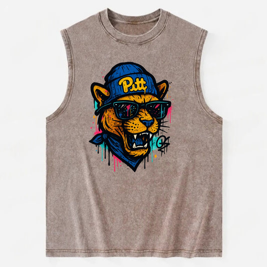 Pittsburgh Panther wearing Pitt beanie with script patch - Vintage Washed Tank - Brown