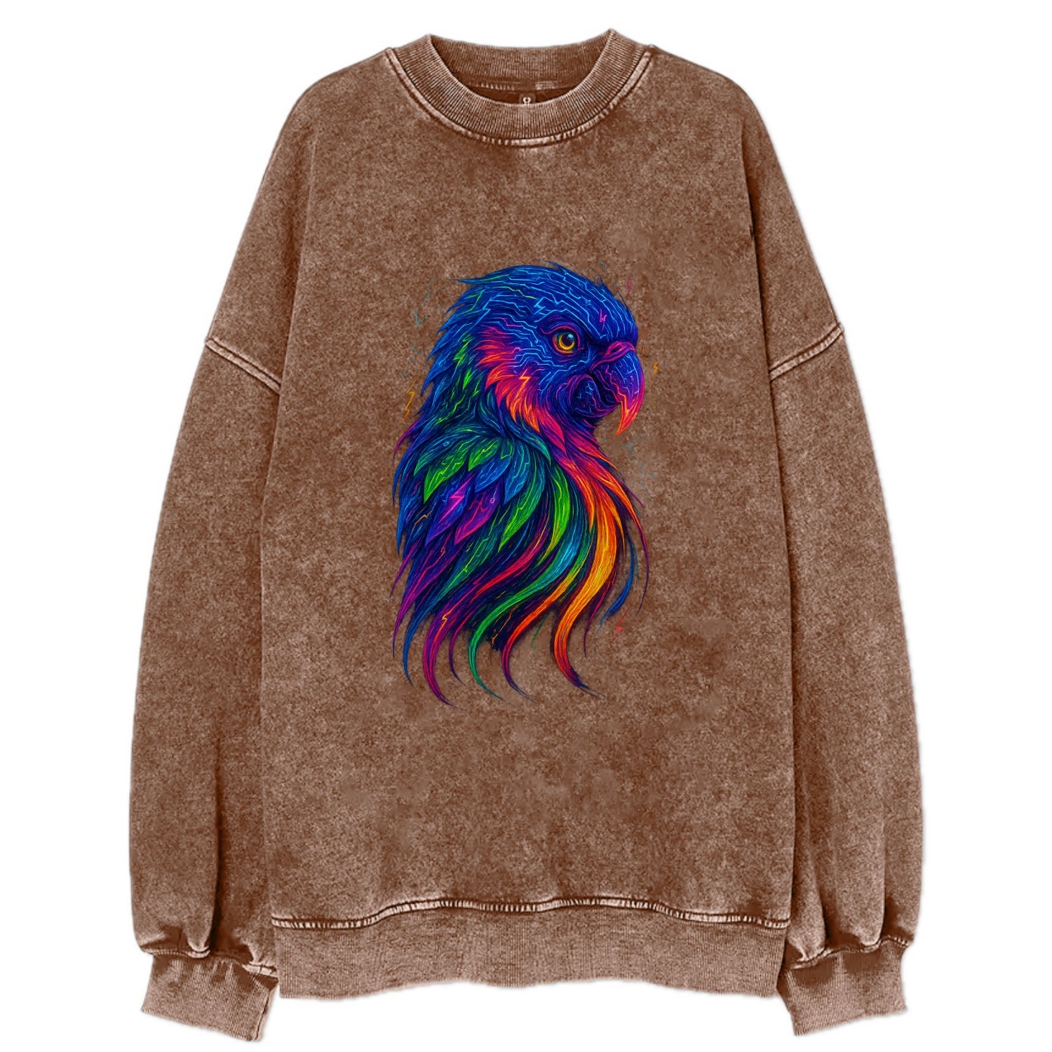 Vibrant parrot with feathers flowing into tropical rainbow streams, every - Vintage Sweatshirt - Brown