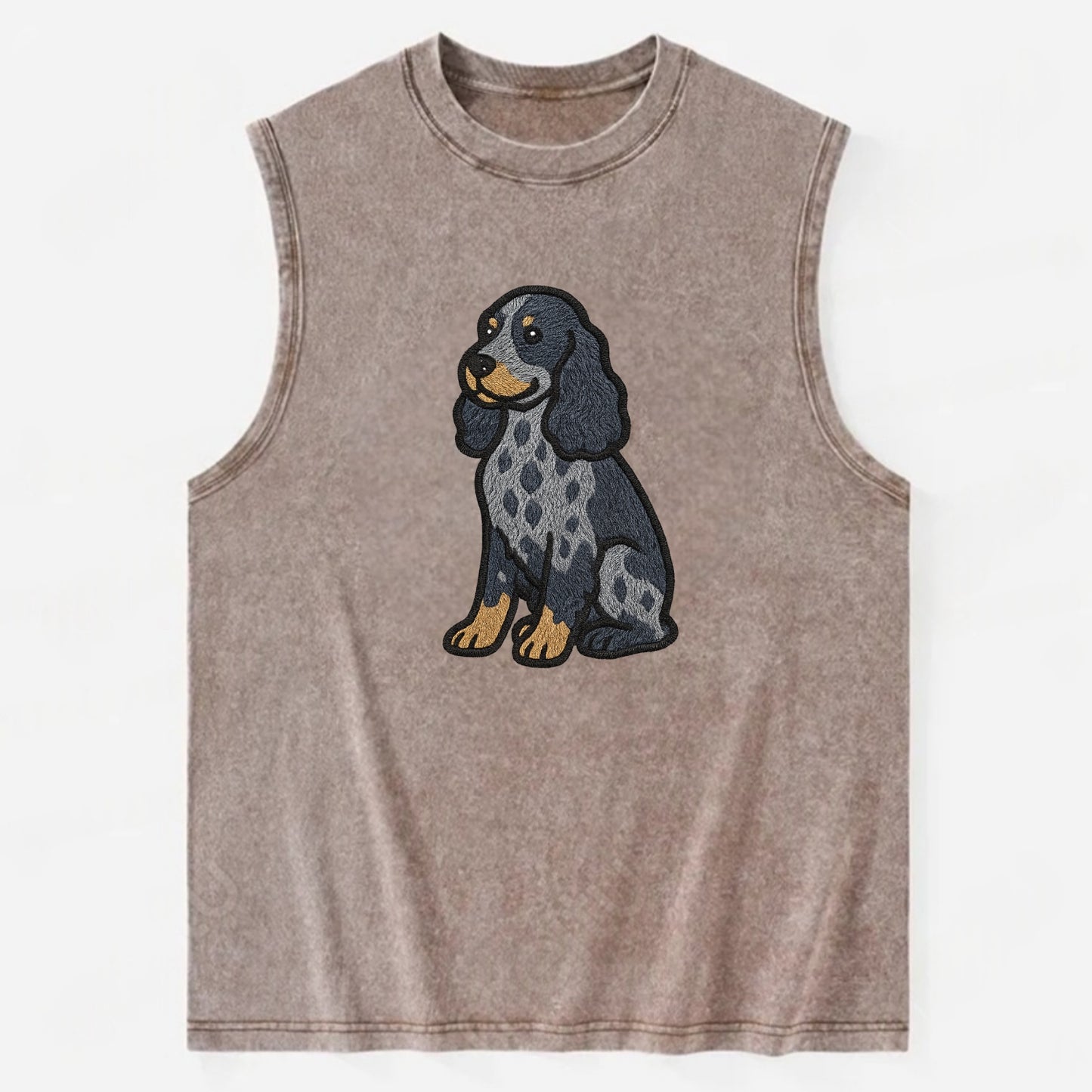 English Cocker Spaniel - Blue roan embroidered sitting pose - Vintage Washed Tank - Brown