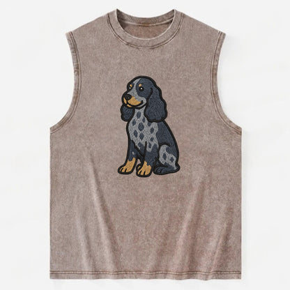English Cocker Spaniel - Blue roan embroidered sitting pose - Vintage Washed Tank - Brown
