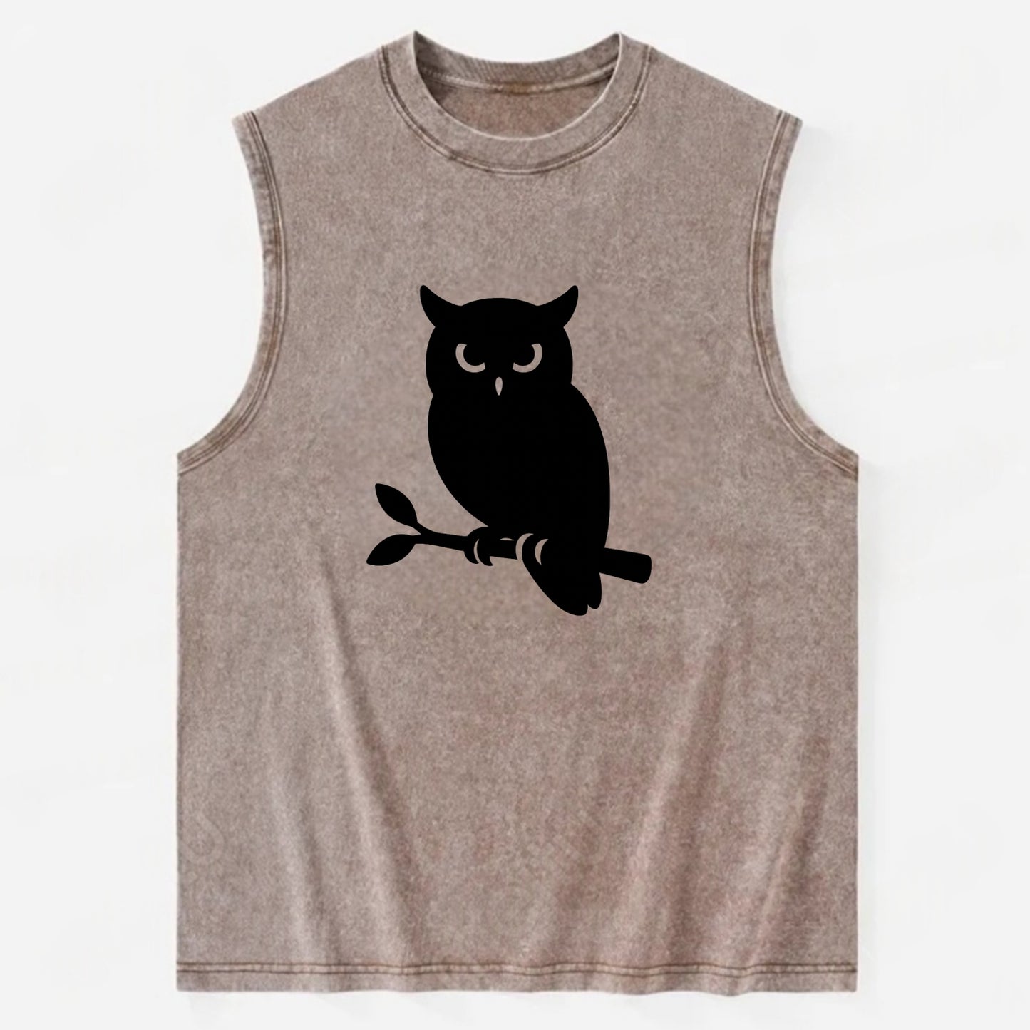 Owl perched on branch at night - Vintage Washed Tank - Brown
