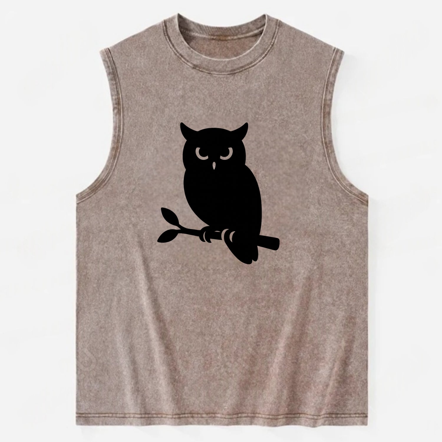 Owl perched on branch at night - Vintage Washed Tank - Brown