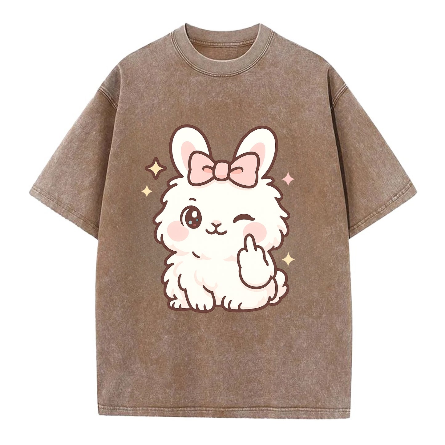 fluffy white angora rabbit with pink bow, one paw delicately flipping off - Vintage T-shirt - Brown