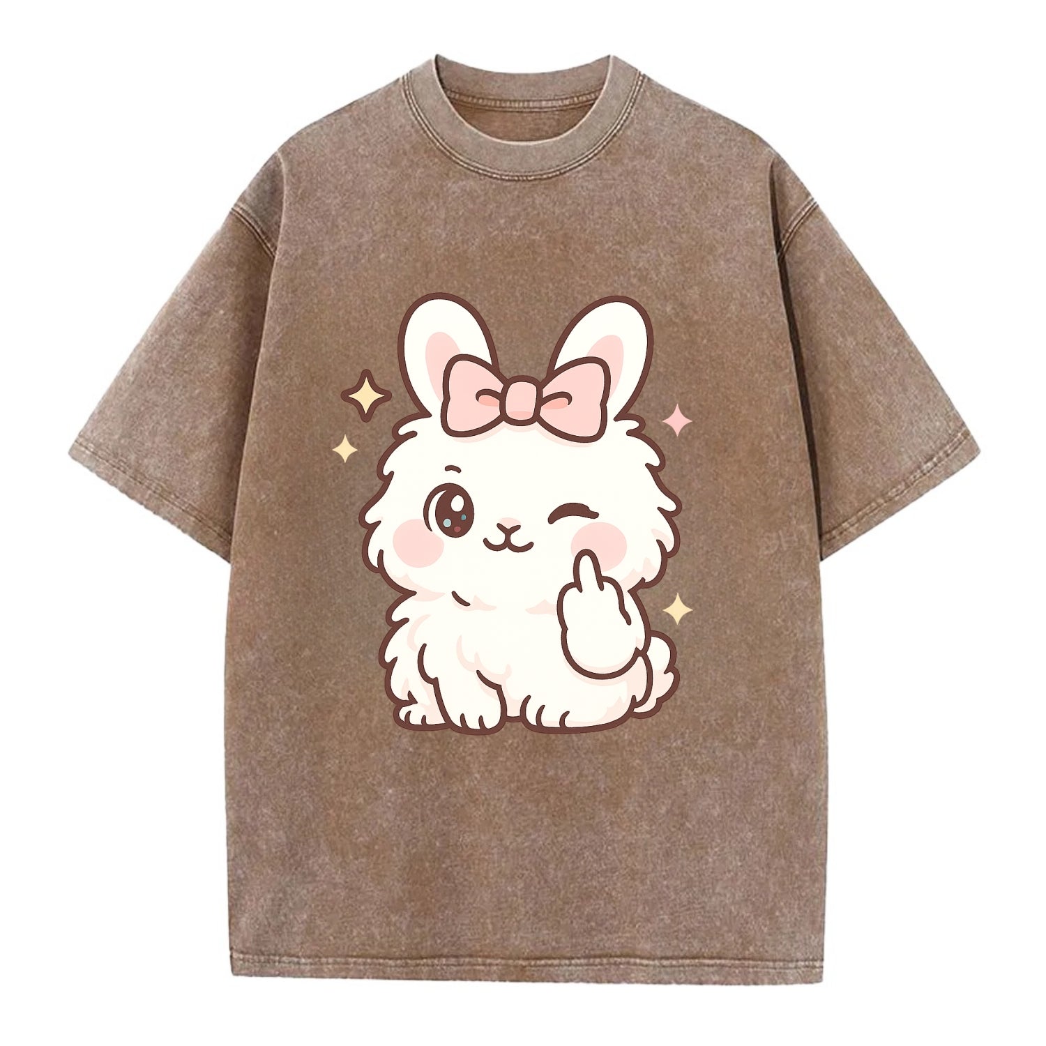 fluffy white angora rabbit with pink bow, one paw delicately flipping off - Vintage T-shirt - Brown