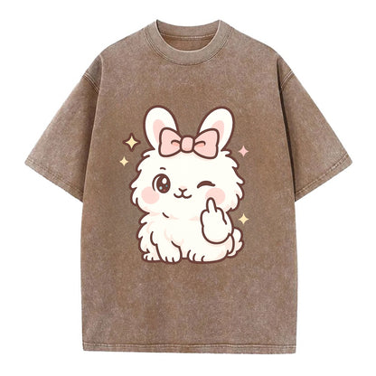 fluffy white angora rabbit with pink bow, one paw delicately flipping off - Vintage T-shirt - Brown