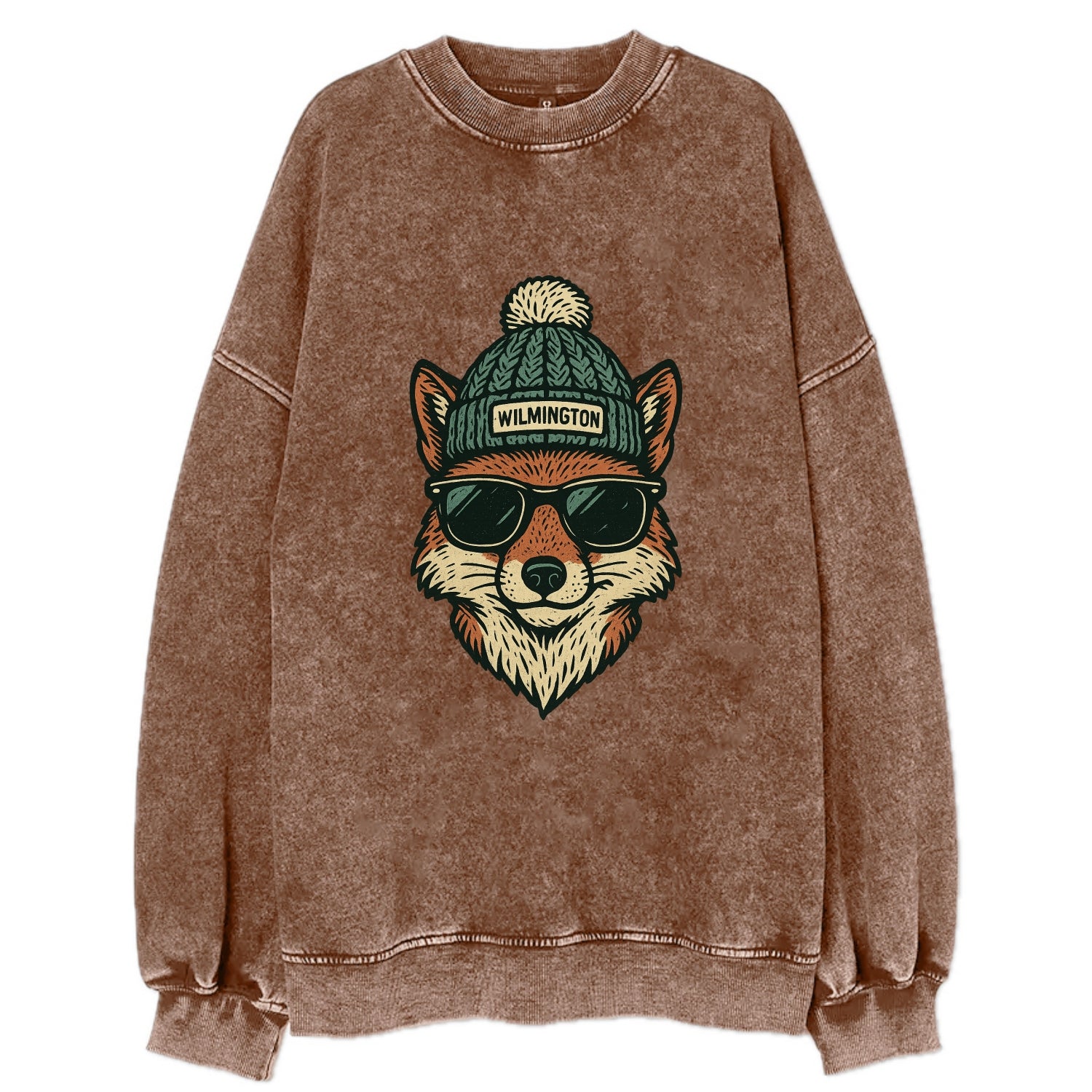 Delaware Gray Fox wearing Wilmington beanie with pom pom and wayfarer - Vintage Sweatshirt - Brown