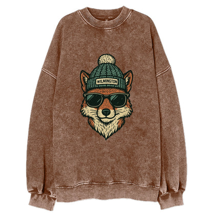 Delaware Gray Fox wearing Wilmington beanie with pom pom and wayfarer - Vintage Sweatshirt - Brown