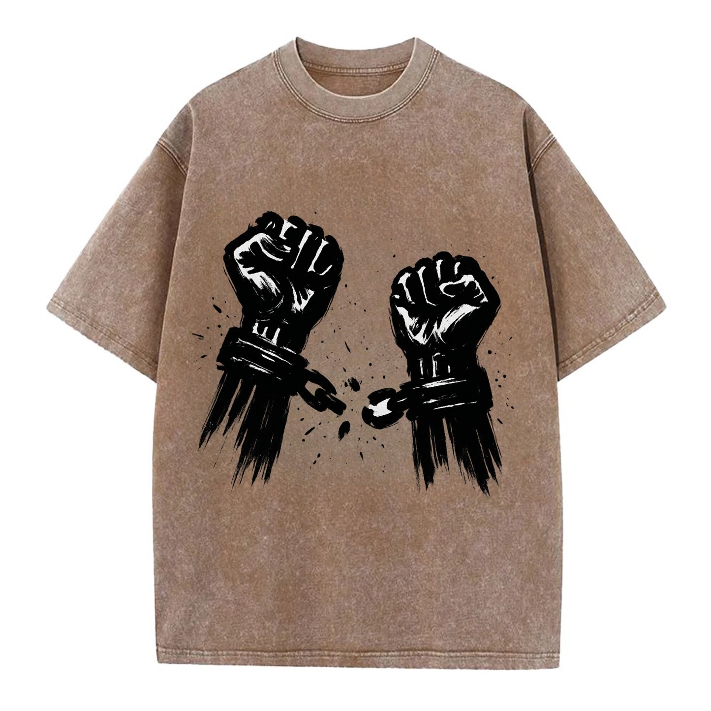Two raised fists breaking chains - liberation and freedom ink painting - Vintage T-shirt - Brown