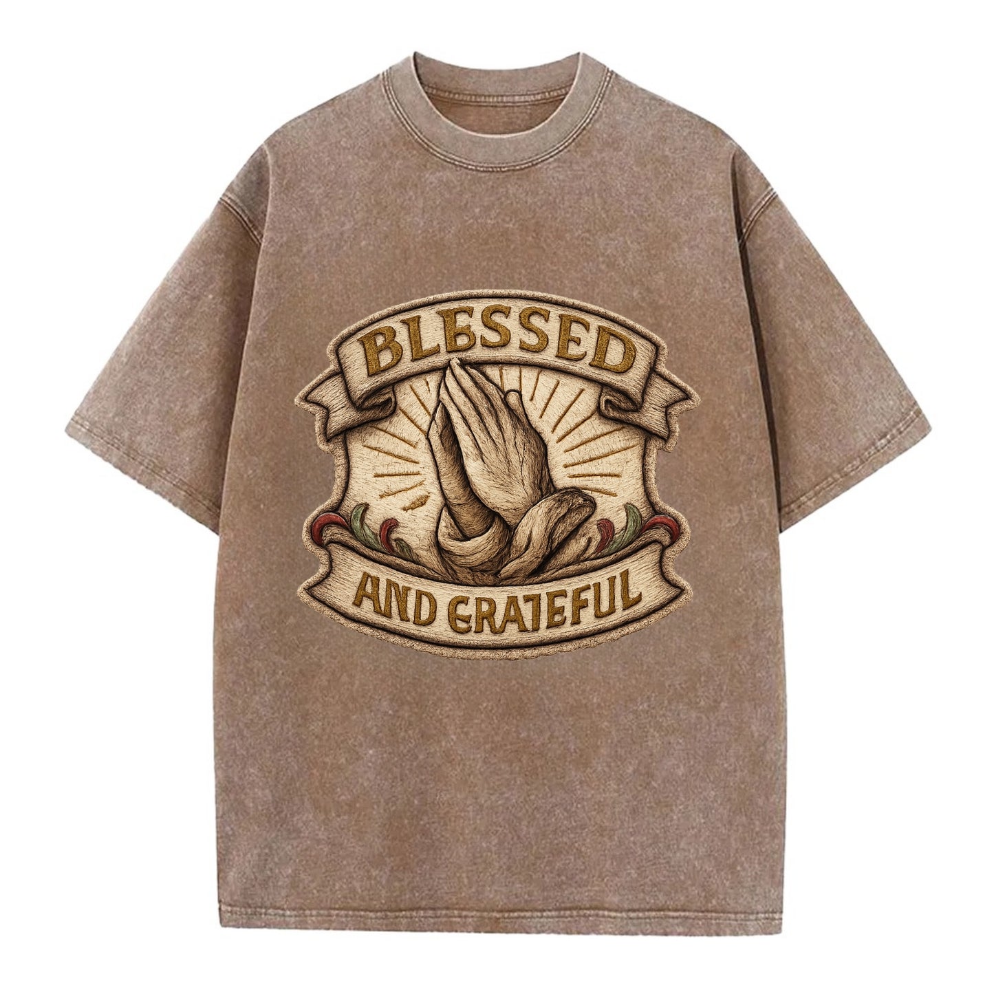 BLESSED AND GRATEFUL - praying hands with text in gold , thankful - Vintage T-shirt - Brown