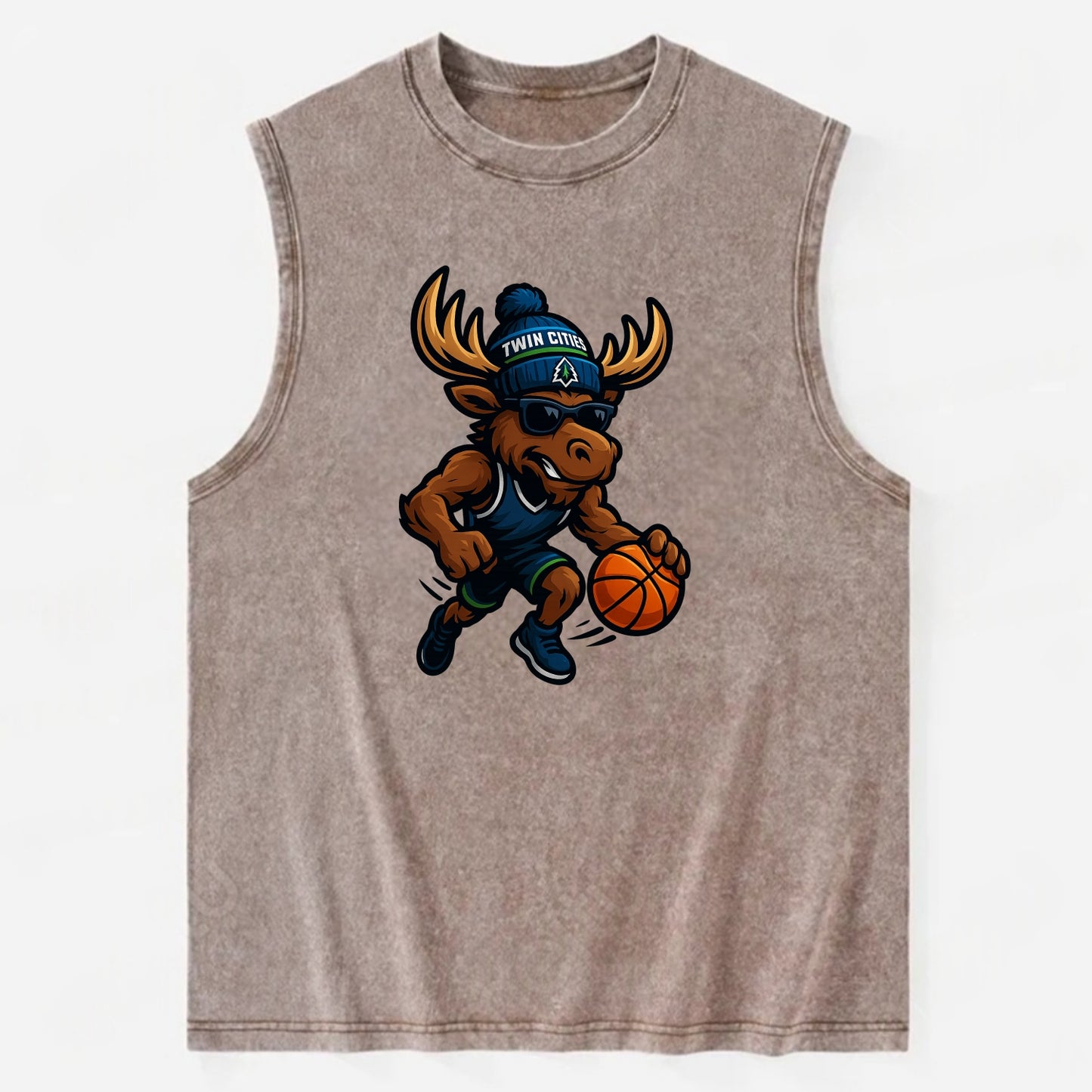 Twin Cities Moose wearing Timberwolves beanie with pine tree patch and - Vintage Washed Tank - Brown