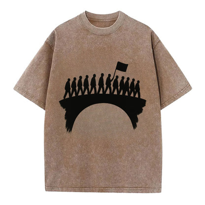 March on bridge silhouette - historic protest ink painting - Vintage T-shirt - Brown