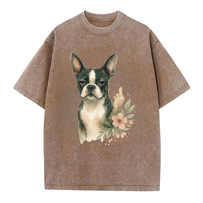 Boston Terrier with tuxedo markings, perky ears, paw up giving sass - Vintage T-shirt - Brown