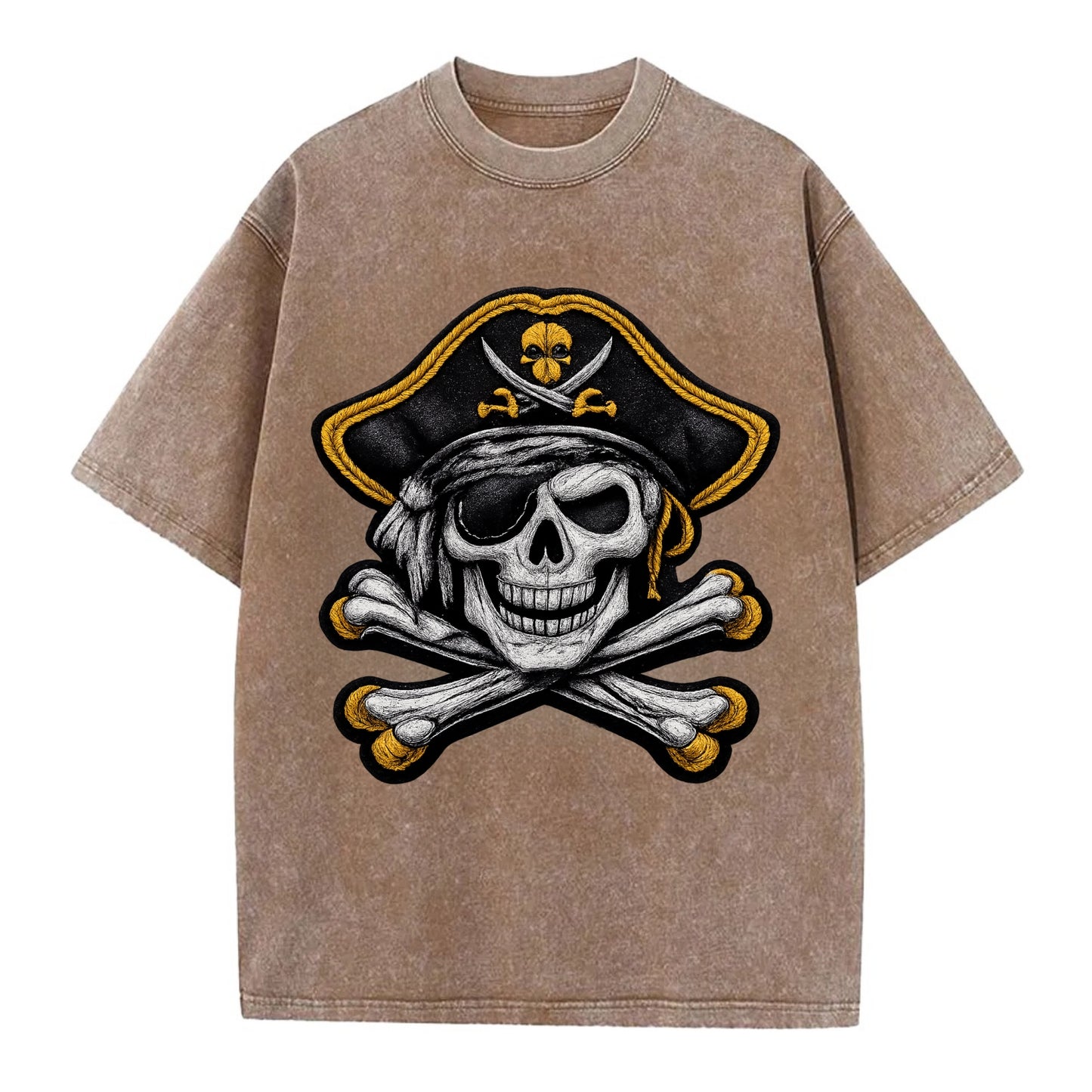 PIRATE SKULL - Jolly Roger skull in black and white , pirate - Vintage T-shirt - Brown