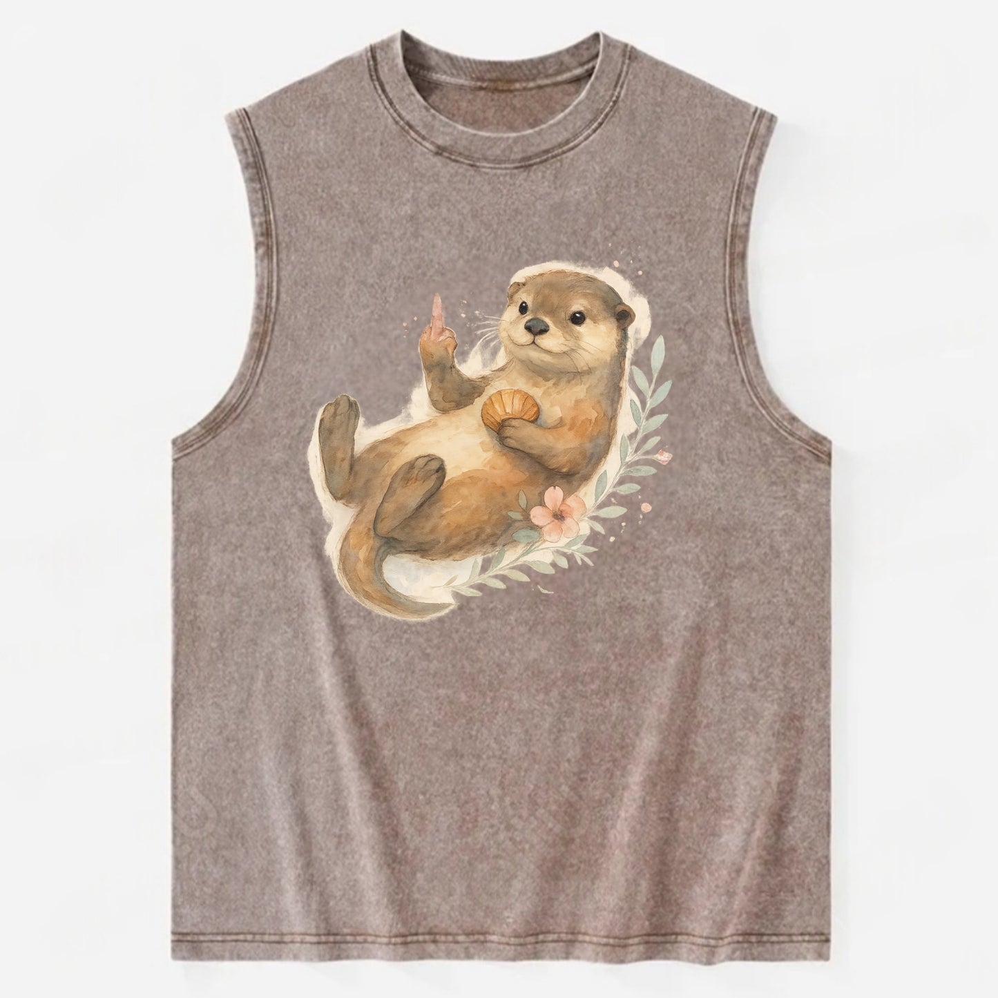 adorable otter floating on back, middle finger up while holding a shellfish - Vintage Washed Tank - Brown