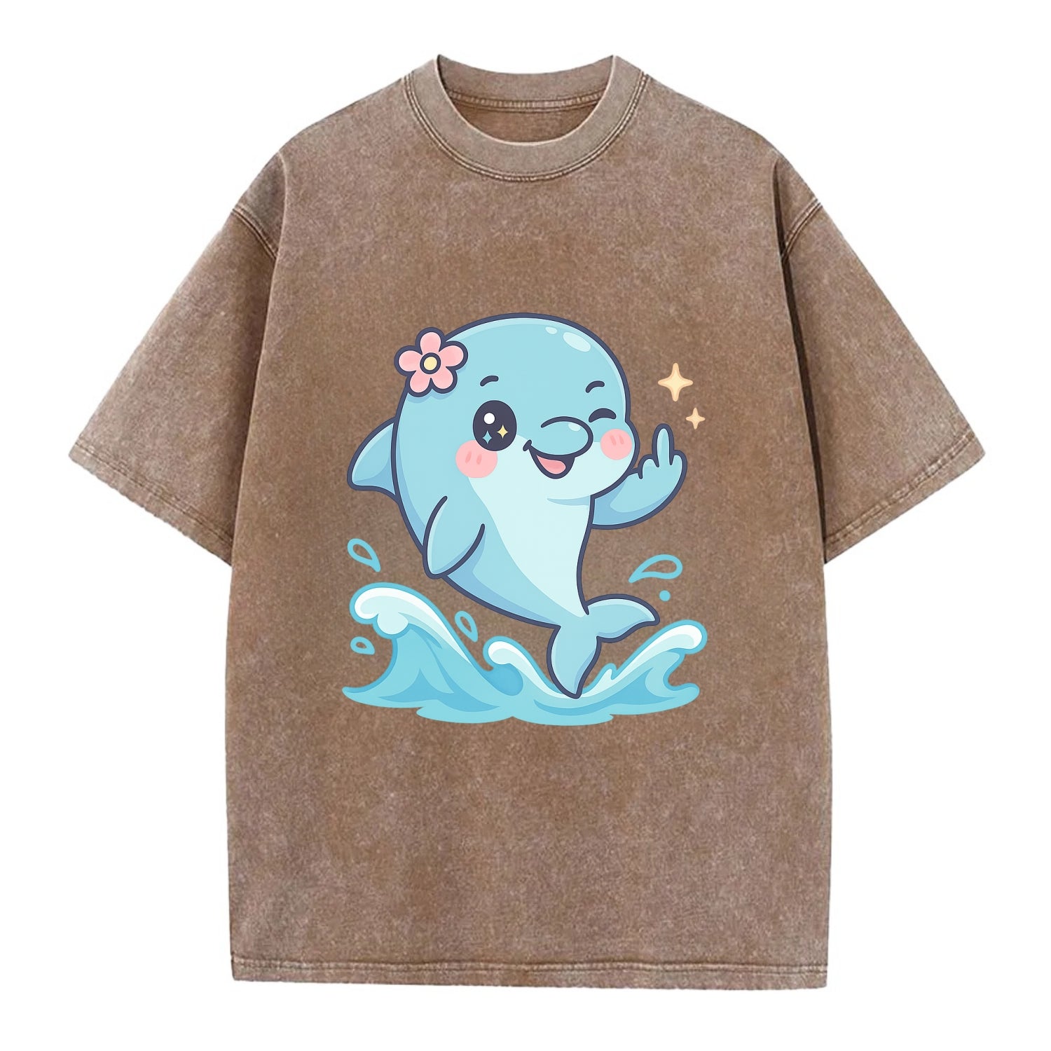 smiling dolphin jumping through ocean waves, one fin up with attitude - Vintage T-shirt - Brown