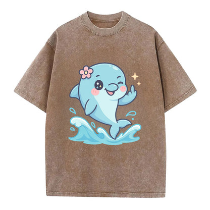 smiling dolphin jumping through ocean waves, one fin up with attitude - Vintage T-shirt - Brown
