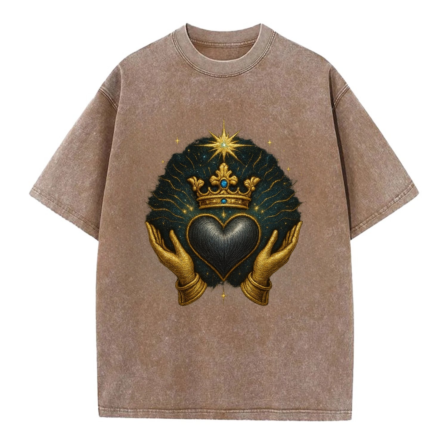 Pearl-studded tiara atop a satin-gunmetal heart supported by elegant opera-glove - Vintage T-shirt - Brown