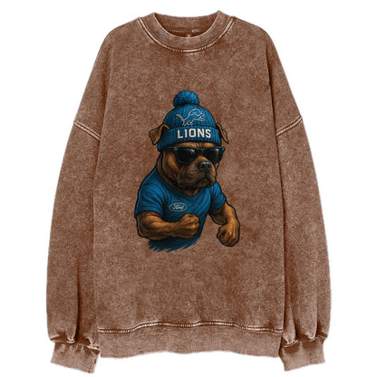 Detroit Pitbull wearing Lions beanie with auto patch and wayfarer sunglasses - Vintage Sweatshirt - Brown