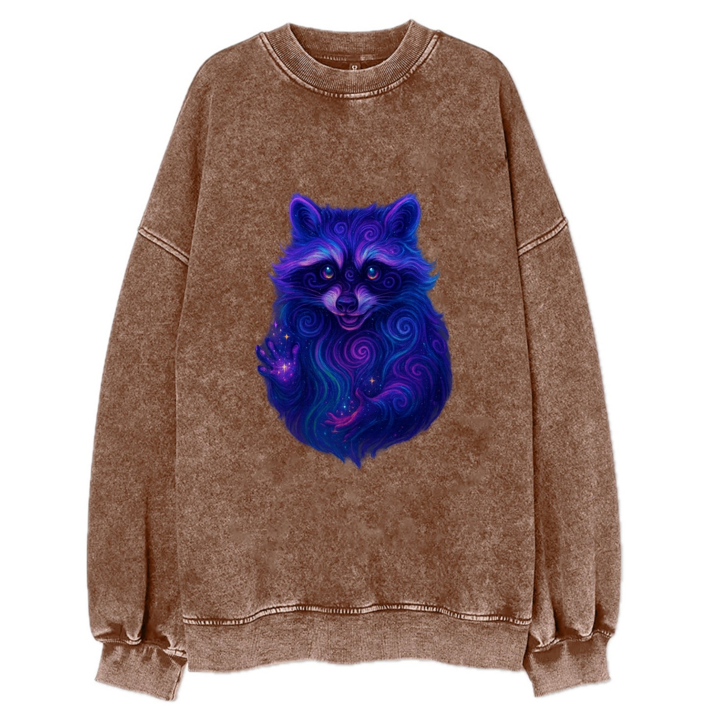 Playful raccoon with mask swirling in hypnotic patterns, neon purple and green - Vintage Sweatshirt - Brown