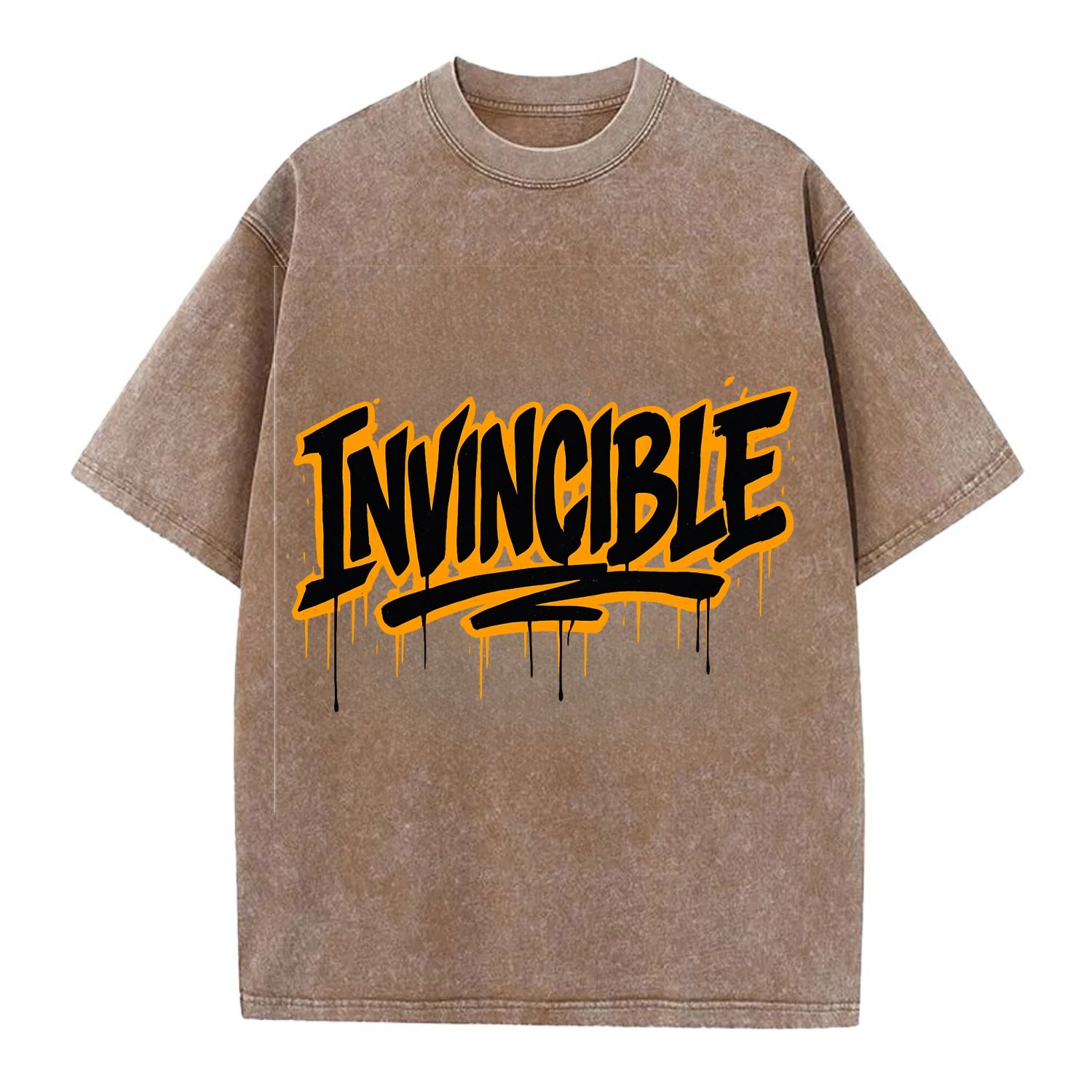 Bold typography design - "INVINCIBLE" - cannot be defeated, unconquerable - Vintage T-shirt - Brown