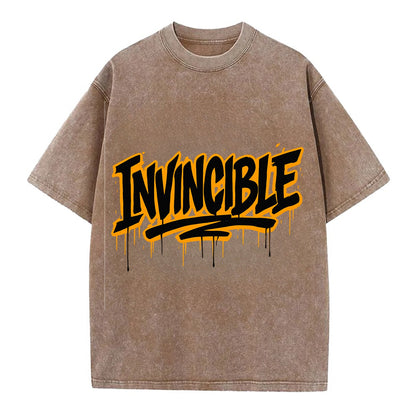 Bold typography design - "INVINCIBLE" - cannot be defeated, unconquerable - Vintage T-shirt - Brown