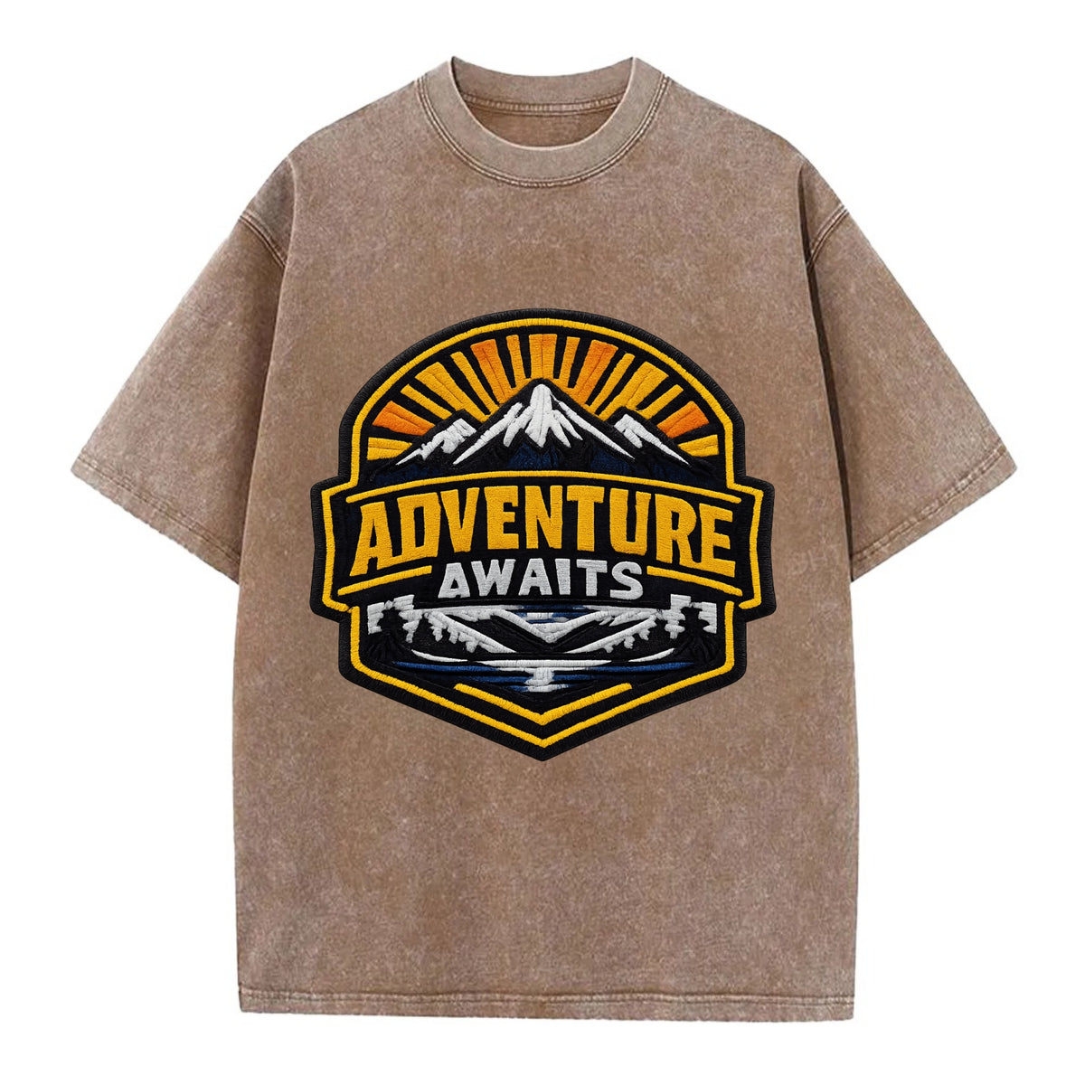 ADVENTURE AWAITS - mountain sunrise with text in gold and blue , wanderlust - Vintage T-shirt - Brown