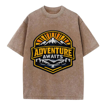 ADVENTURE AWAITS - mountain sunrise with text in gold and blue , wanderlust - Vintage T-shirt - Brown