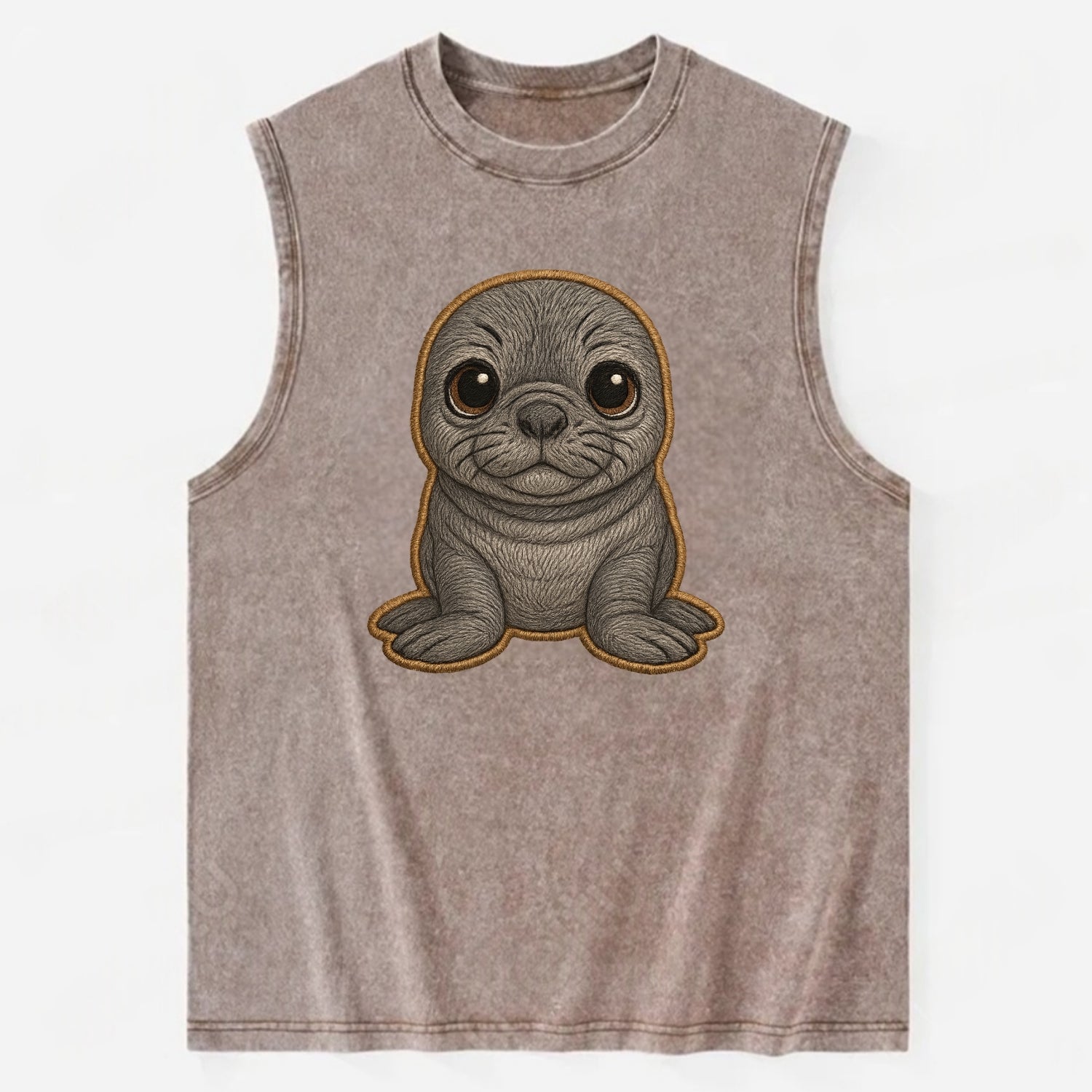 Baby Elephant Seal - gray wrinkly, tiny trunk nose, big dark eyes, - Vintage Washed Tank - Brown