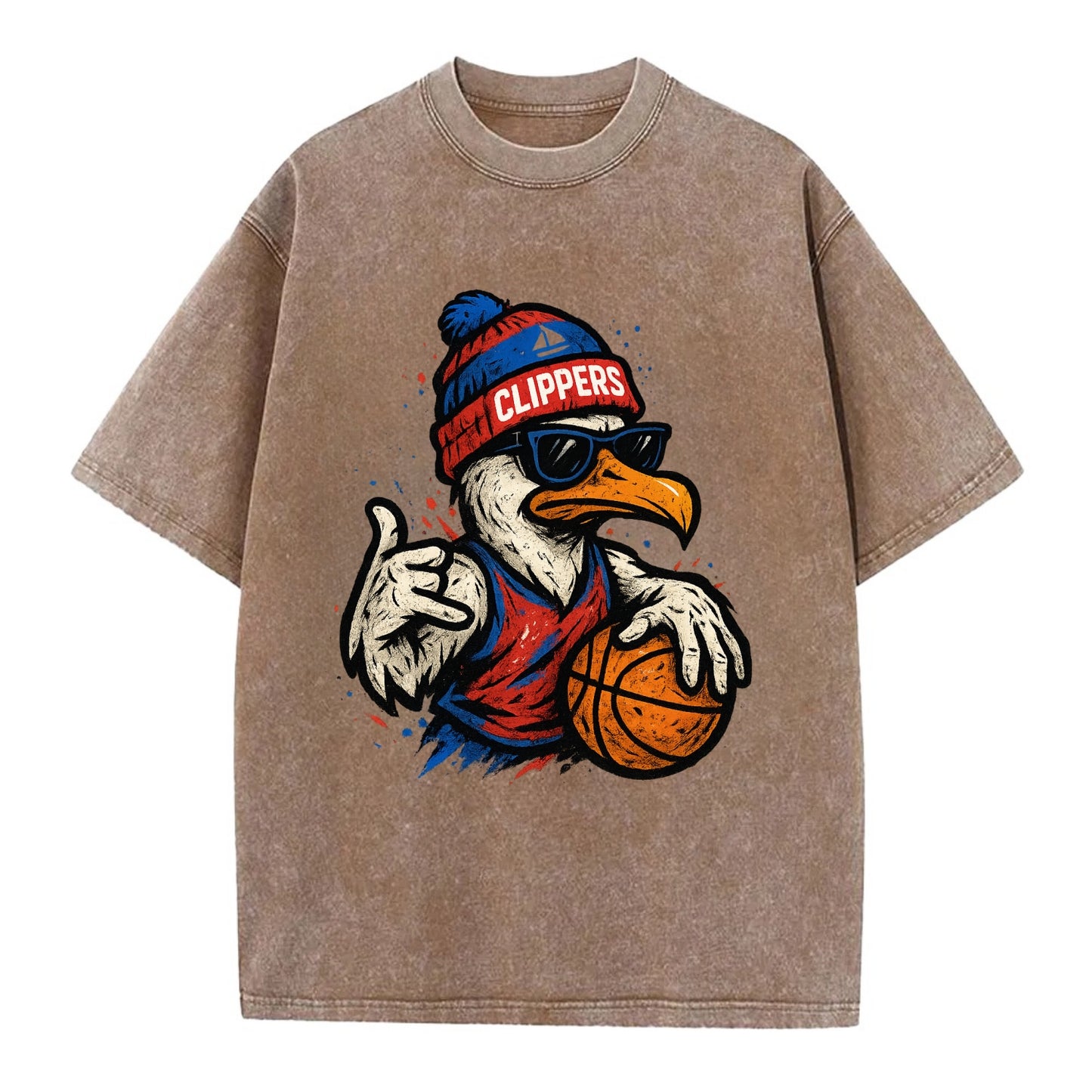 LA Seagull wearing Clippers red white and blue beanie with ship patch and - Vintage T-shirt - Brown