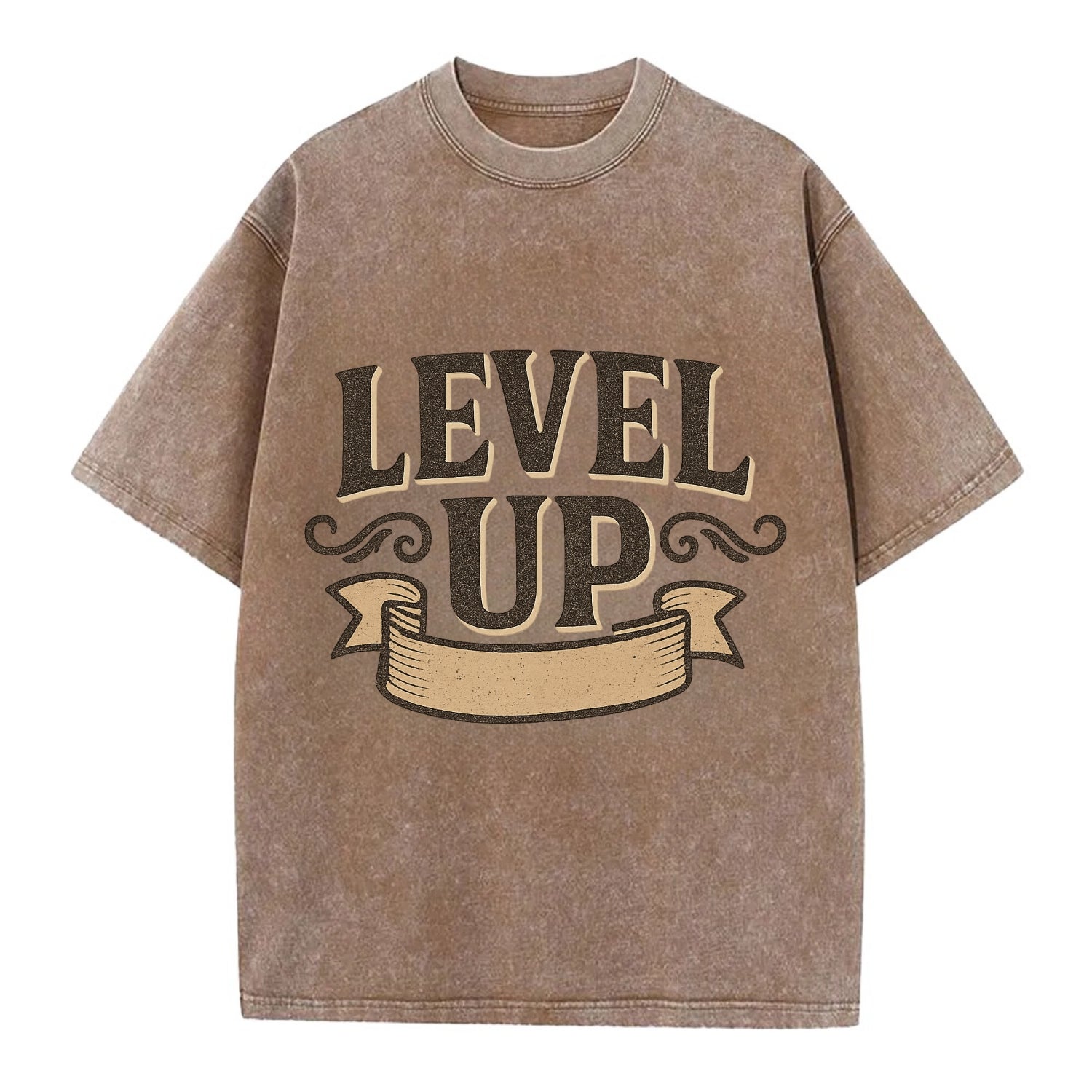 Bold typography design - "LEVEL UP" - improving, advancing, growing - Vintage T-shirt - Brown