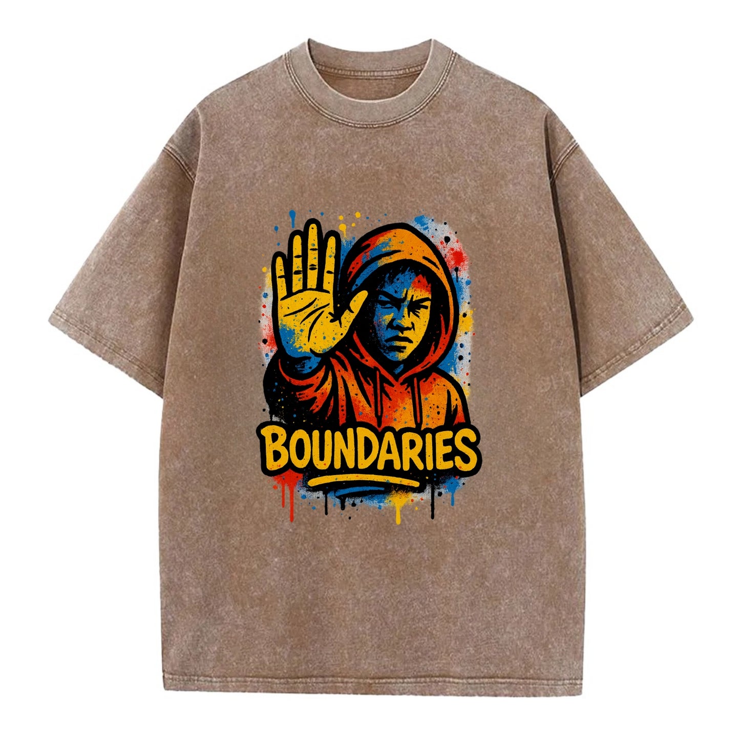Person holding up hand in "stop" gesture - setting boundaries concept, - Vintage T-shirt - Brown