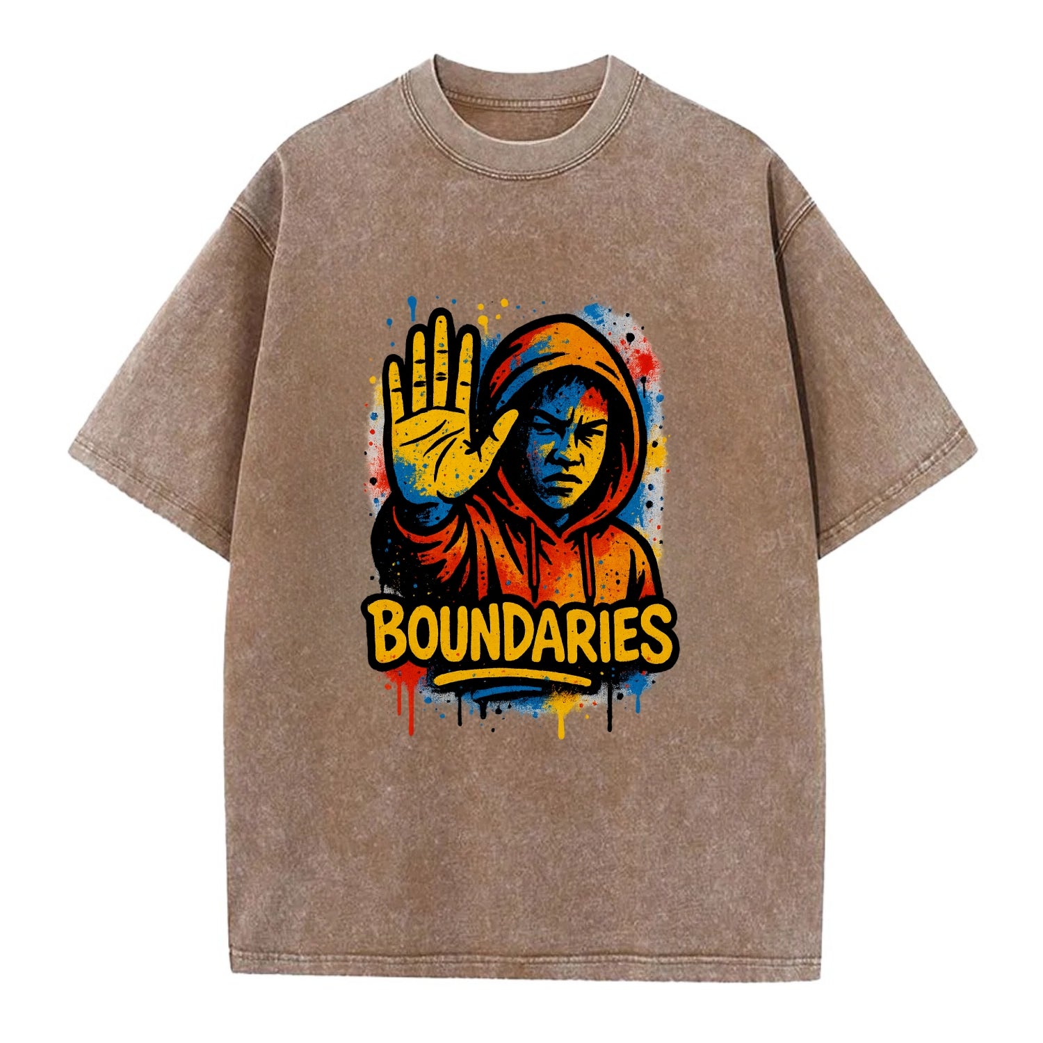 Person holding up hand in "stop" gesture - setting boundaries concept, - Vintage T-shirt - Brown