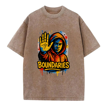 Person holding up hand in "stop" gesture - setting boundaries concept, - Vintage T-shirt - Brown