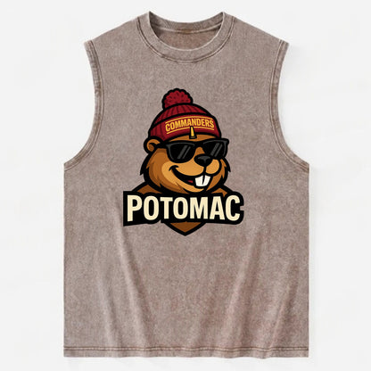 Potomac Beaver wearing Commanders beanie with monument patch and wayfarer - Vintage Washed Tank - Brown
